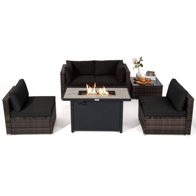 Tangkula 6 Pieces Outdoor PE Rattan Wicker Sectional Sofa with 42" 60,000 BTU Gas Fire Pit Table, Patio Conversation Set with Tempered Glass Coffee Table Black/Navy Blue/Red/Turquoise/Off White