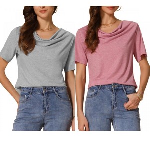 INSPIRE CHIC Women's Cowl Neck Short Sleeve Casual Stretchy Shirts 2 Packs - 1 of 4