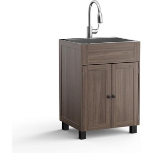 VINGLI 24 Inch Laundry Sink with Cabinet and Pull-Out Sprayer Faucet, Stainless Steel Utility Sink with Cabinet and Drawer Combo, Brown - 1 of 4