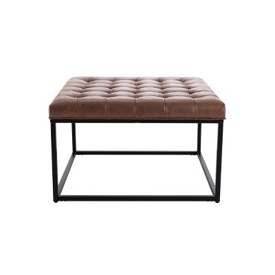 28" Square Button Tufted Metal Ottoman Light Brown Faux Leather - WOVENBYRD