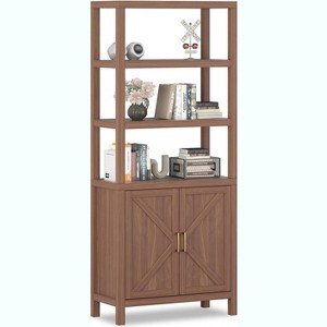 Sunvasagoo 5-Tier Mid-Century Modern Oak Bookcase with Doors, 71" Tall Thick Wood Display Cabinet Freestanding Storage, Oak - 1 of 4