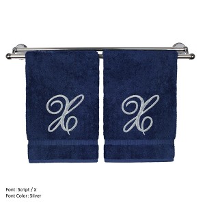 BC BARE COTTON Monogrammed Hand Towel, 100% Turkish Cotton - Set of 2 - Navy - Silver Script - 1 of 1