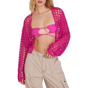 Crochet Hollow Out Cardigan Sheer Beach Cover Ups Cropped Drop Shouder Mesh Cardigan with Lantern Sleeve - 1 of 4