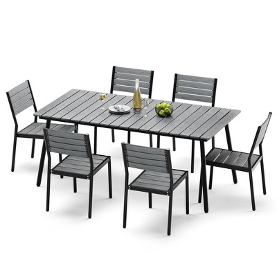 Crestlive Products Outdoor Dining Set Patio Dining Table with chairs Wooden-Like Top and Aluminum Frame Umbrella Hole