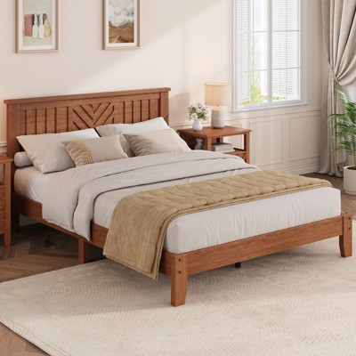 Wooden Full Size Bed Frame with Headboard, Full Platform Bed with Wooden Slat Support No Box Spring Needed, Brown Mattress Foundation Easy Assemble