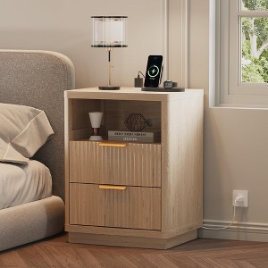 Fluted Nightstand with Charging Station, Mid Century Modern Fluted Nightstand, Modern End Table with Curved Corners - 1 of 4