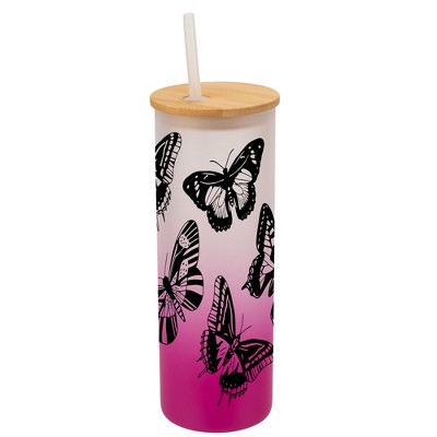 Elanze Designs Large Monarch Butterfly Insect Bug Wrap-Around Design 25 Ounce Frosted Gradient Glass On-The-Go Coffee Travel Skinny Tumbler Mug Cup,