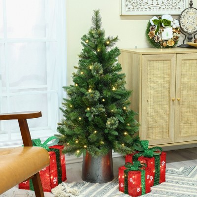 4' Green Pre-Lit Pine Christmas Tree with Metal Pot
