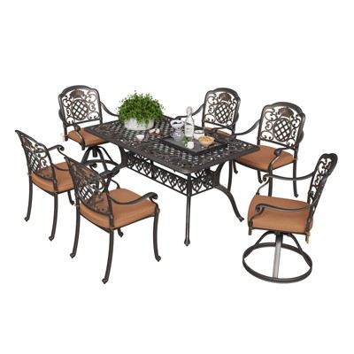 7 Piece Patio Furniture Dining Set, All-Weather Outdoor Table and Chairs for 6, Includes 4 Dining Chair & 2 Swivel Chairs & 60'' Rectangular Table