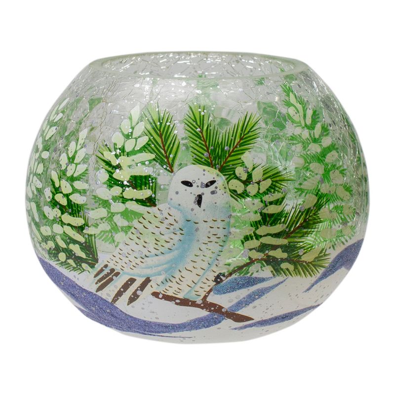 Northlight 6" Hand Painted Owl and Pine Trees Glass Christmas Tea Light Candle Holder, 1 of 6