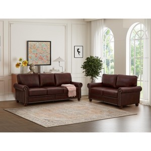 PU Leather Sofa with Nailhead Trim, Rolled Arms, and Rubber Wood Legs – Classic Upholstered Sofa Couch for Living Room - HABITRIO - 1 of 4