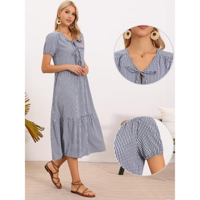 Женские платья INSPIRE CHIC Women's Gingham Summer Casual V Neck Short Sleeve Tie Bow Decor Midi Dresses Small Black Blue — фото 2