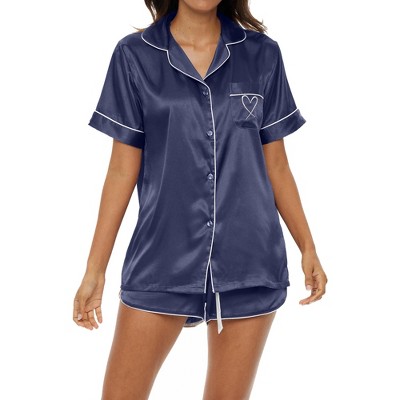 cheibear Womens Pajama Sleepwear Button Down with Capri Pants Satin Lounge  Pjs Set Peacock Blue Medium