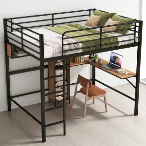 Full Size Metal Loft Bed with L-Shaped Desk, Shelves, and Storage Cabinet, Industrial Frame with Guardrails - 1 of 4
