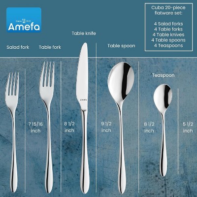 Amefa Cuba 20-Piece Premium 18/10 Stainless Steel Flatware Set, High Gloss Mirror Finish, Silverware Set Service for 4, Rust Resistant Cutlery