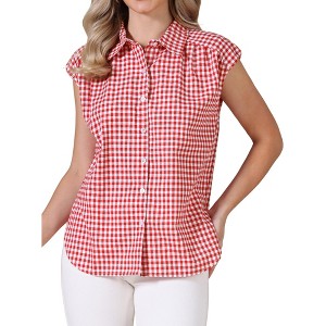 INSPIRE CHIC Women's Turndown Collar Cap Sleeve Summer Check Plaid Vintage Button Up Blouses - 1 of 4