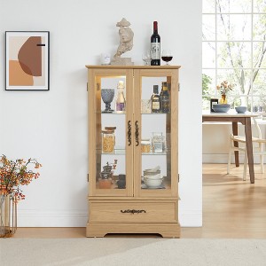 TIRAMISUBEST Glass Cabinet Lighted Glass Cabinet Curio Display Cabinet with Adjustable Glass Shelves 2 Doors and 1 drawer Cabinet Bulb - 1 of 4