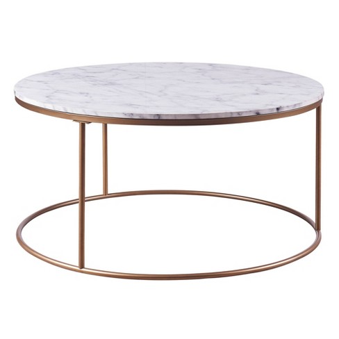 Marmo Round Coffee Table With Faux Marble Top Brass Teamson Home Greek inspired Gold brushed Base 36 x18 Target