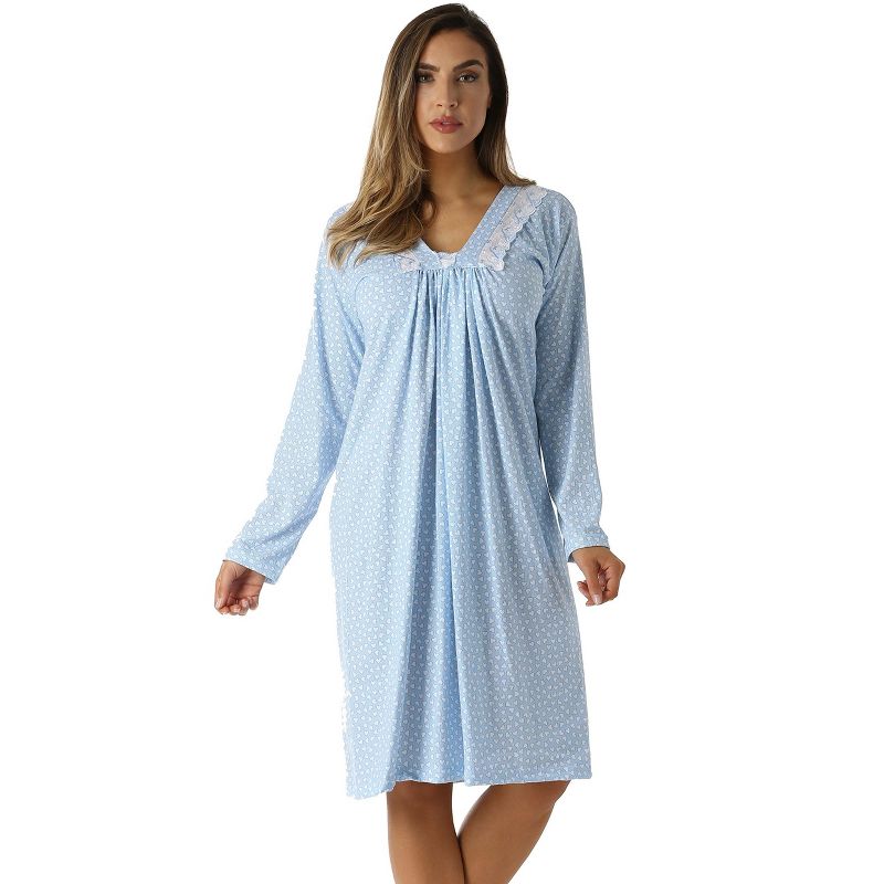 Just Love Womens Long Sleeve Cotton Nightgown - V Neck PJ Sleepwear with Lace Trim, 1 of 3