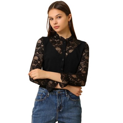 INSPIRE CHIC Women's Lace Panel Floral Work Ruffle Mock Neck Button Up Shirt