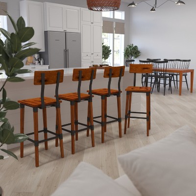 Walnut Brown Industrial Chic 40" Bar Height Dining Stools with Steel Footrest - Set of 4