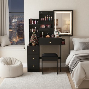 FONTOI 29.2"W/37"W/41"W Makeup Vanity Table Desk with Mirror Left Bedside Cabinet Stool Dresser Set for Woman Bedroom Dressing Room, Black/White - 1 of 4