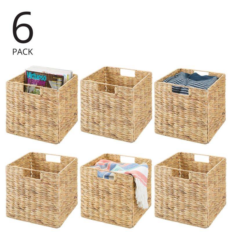 mDesign Hyacinth Woven Cube Bin Basket Organizer, Handles, 6 Pack, Natural/Tan, 2 of 10