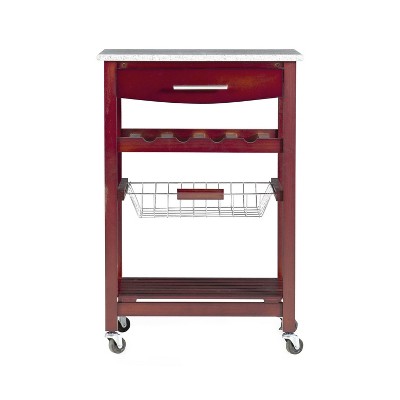 Small Red Pine Kitchen Cart with Granite Top and Wine Rack