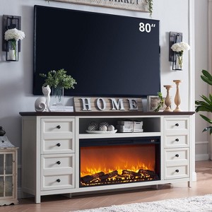 70 Inch Farmhouse Fireplace TV Stand with 36" Electric Fireplace for 80 Inch TVs, Entertainment Center with 8 Drawer - 1 of 4