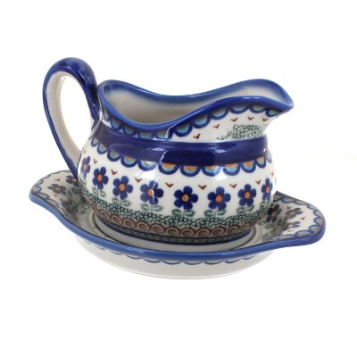 Blue Rose Polish Pottery Aztec Flower Gravy Boat & Plate