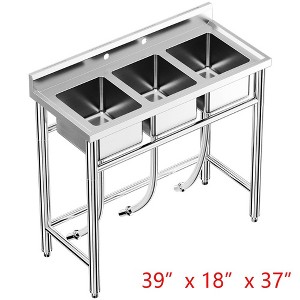39"x18"x37" Kitchen Sink Stainless Steel Commercial 3 Compartment Utility Sink Backsplash - 1 of 4