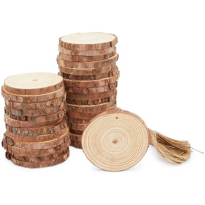 Bright Creations 31-Pack Natural Wood Slices for Crafts, Predrilled with 33 Feet of Twine (3.5 to 4 in)