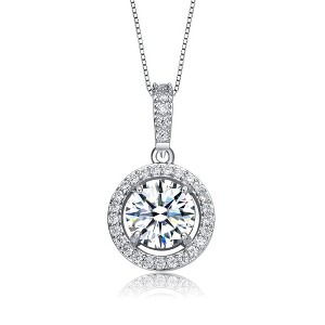 white gold plated necklace with cubic zirconia solitaire halo pendant, featuring a dazzling center stone surrounded by a halo of sparkling gems - 1 of 3