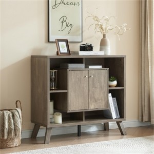 YONWAY Bookcase Cabinet, Compact Display Storage, Two Door Four Open Shelves with Metal Knobs Wooden Flared Legs for Bedroom, Playroom, Brown - 1 of 4