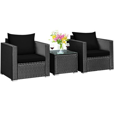 Tangkula 3PCS Patio Rattan Furniture Conversation Set with 2 Cushioned Sofas & Coffee Table for Outdoor