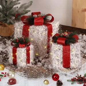 Lighted Gift Boxes Christmas Decoration, Set of 3 Light Up White Christmas Boxes, Xmas Present Boxes with Red Ribbons for Indoor Outdoor Home Decor - 1 of 4