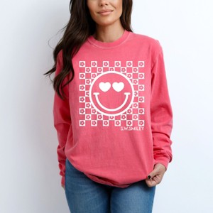 Simply Sage Market S.W.Smiley Checkered Floral Outline Garment Dyed Long Sleeve - 1 of 4