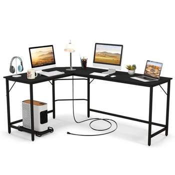 Tangkula L-Shaped Desk with Power Outlet 66” Computer Corner Desk with CPU Stand & Heavy-duty Metal Frame Rustic Brown/Black