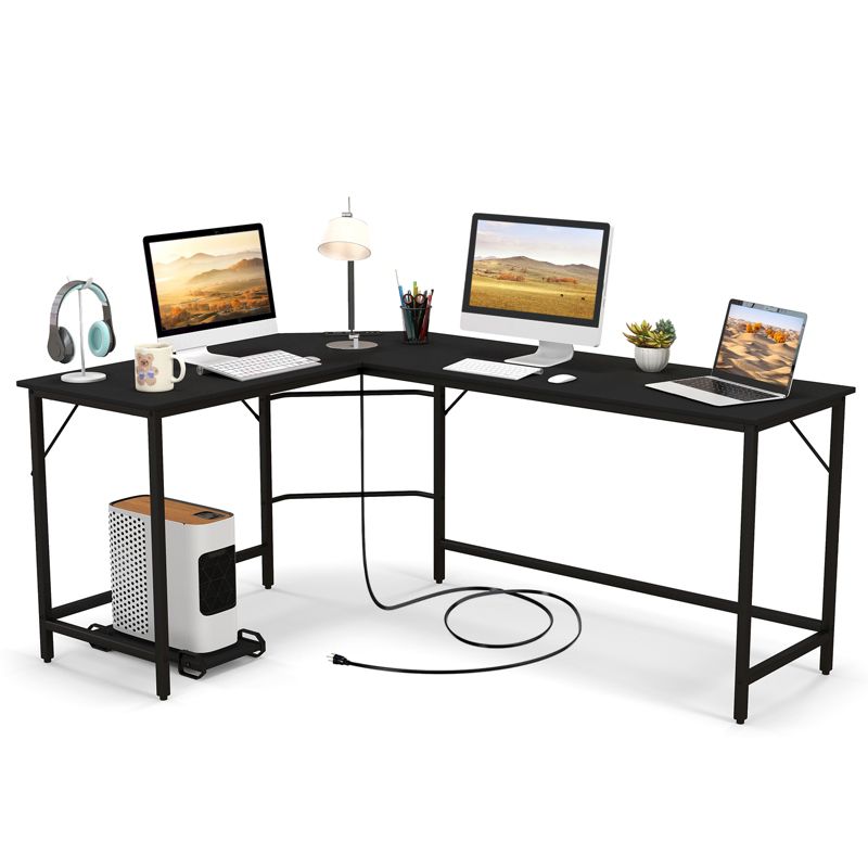 Tangkula L-Shaped Desk with Power Outlet 66” Computer Corner Desk with CPU Stand & Heavy-duty Metal Frame Rustic Brown/Black, 1 of 10
