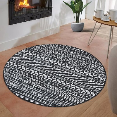Boho Area Rug, Neutral Black Low Pile Washable Carpet, Non-Slip Non-Shedding Indoor Rug for Living Room, Bedroom, Kitchen, Bathroom