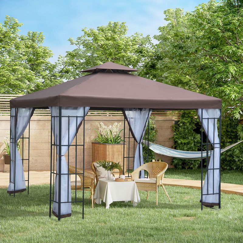 Outsunny 10'x10' Outdoor Gazebo, Double Tiered Canopy Tent with Mosquito Netting, and Steel Frame for Patio, Backyards and Parties, Coffee, 3 of 7