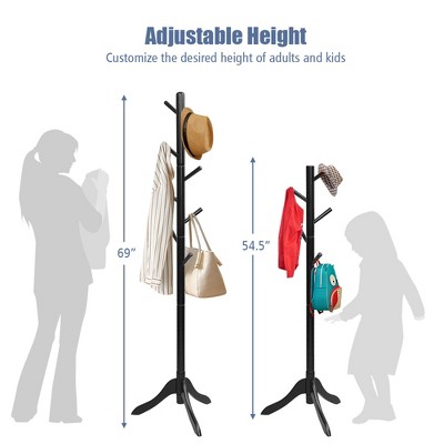 Black Rubber Wood Adjustable Height Coat Rack with 8 Hooks