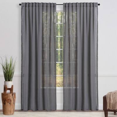 Dark Gray Faux Belgian Flax Semi-Sheer Window Curtain Panels, 52 x 63 Inches