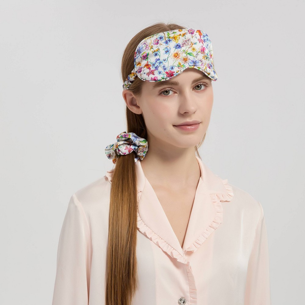 Women's 100% Pure Silk Floral Print Sleep Mask, Hair Accessory, and Storage Bag - A New Day™ White