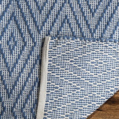Blue and Ivory Handwoven Geometric Wool Cotton Area Rug