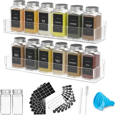 Attop Adhesive Acrylic Spice Rack Organizer (Clear, 2-Pack) – 12 Glass Jars, 238 Labels, Funnel & Chalk Marker for Cabinets/Pantry Doors