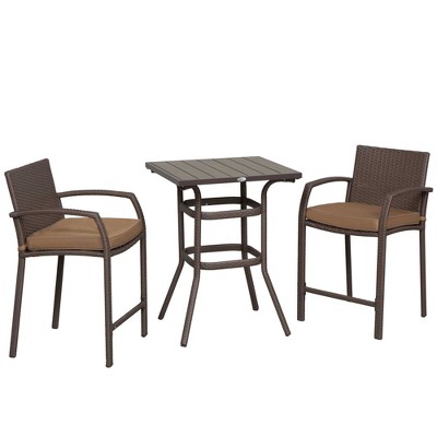 Mixed Brown Rattan Wicker Outdoor Bar Set with Wood Grain Top