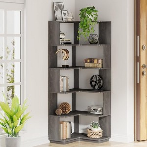ORRD Industrial Corner Bookshelf, 65” Tall 6-Tier L-Shaped Bookcase with Anti-Drop Panels, Grey Wood Grain Freestanding Shelf for Home Office - 1 of 4