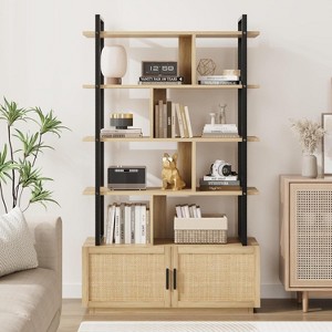 Jojoka 5-Tier Rattan Bookshelf with Storage Cabinet & Door – 71.1" Tall Industrial Bookcase with Metal Frame, Open Display Shelves - 1 of 4