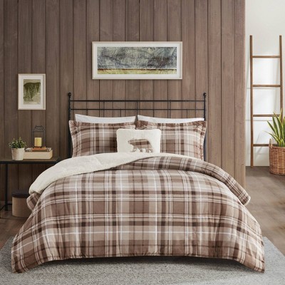 Queen Tan Plaid Down Alternative Comforter Set with Shams